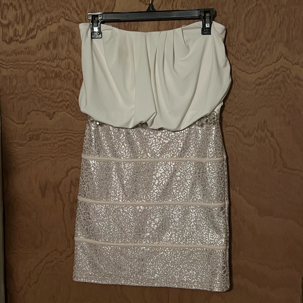 Strapless Blouson Dress with Cheetah Foil Banded Skirt